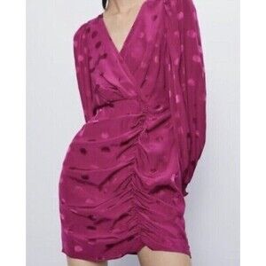 Zara Fuchsia Satin Polka Dot Smocked Wrist Sleeves Front Ruched Mini Dress XS